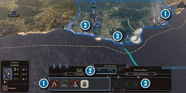 W tej prowincji posiadam tylko stolicę (1), które nie generuje żadnych dochodów, a do tego zużywa część żywności (2). Resztę regionów posiada mój sojusznik (3), więc szybko nie przejdą pod moją kontrolę. - Garść porad na początek do Total War Saga Thrones of Britannia - Total War Saga Thrones of Britannia - poradnik do gry