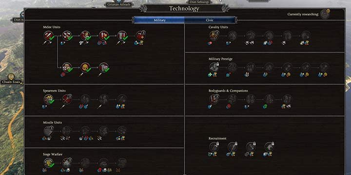 Zakładka militarna, posiada kilka ścieżek dedykowanych konkretnym typom wojsk (walczące wręcz, włócznicy, jednostki miotające i jazda) - Technologie w Total War Saga Thrones of Britannia - Total War Saga Thrones of Britannia - poradnik do gry