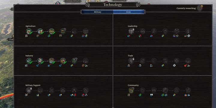 Zakładka publiczna dzieli się zawsze na 6 ścieżek rozwoju - Technologie w Total War Saga Thrones of Britannia - Total War Saga Thrones of Britannia - poradnik do gry