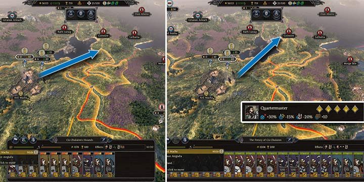 Generał po lewej nie ma ani jednego poziomu kwatermistrza, natomiast dowódca po prawej ma maksymalny poziom. Różnica w zasięgu przemarszu armii jest widoczna gołym okiem. Widać jaka jest różnica w możliwości przemarszu. Generał po prawej może w tej samej turze zająć wrogą osadę. - Umiejętności w Total War Saga Thrones of Britannia - Total War Saga Thrones of Britannia - poradnik do gry