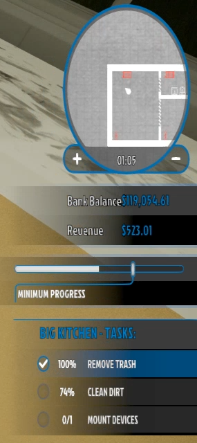 W prawej części interfejsu znajdziesz cele zlecenia i postęp ich wykonania - House Flipper | Zlecenia i interfejs - House Flipper - poradnik do gry