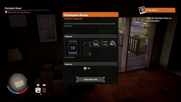 Gdy oczyścisz teren wokół domu podejdź do miejsca oznaczonego małą flagą i wybierz opcję Claim Home Site - A New Home | Solucja | State of Decay 2 - State of Decay 2 - poradnik do gry