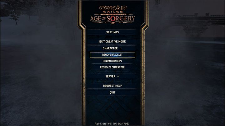 Bransoletę możecie zdjąć wchodząc do głównego menu gry - Conan Exiles: Zdjęcie bransolety - jakie ma konsekwencje? - Conan Exiles - poradnik do gry