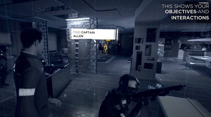 W trybie poszlak znajdziesz informacje o celach misji i obiektach interakcji oraz poszlakach - Zakładniczka | Connor | Solucja Detroit Become Human - Detroit Become Human - poradnik do gry