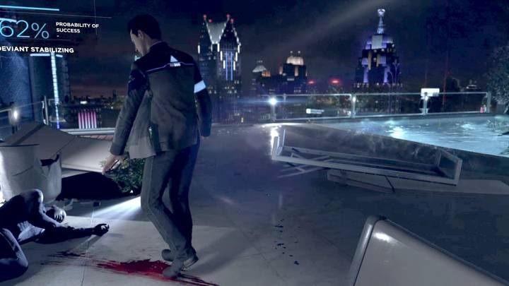 W rogu tarasu znajdziesz martwego policjanta - pomóż mu, a spotkasz go w scenie Wróg publiczny, podniesie się także publiczna opinia, co ma wpływ na kształtowanie tła wydarzeń i zakończenie gry - Zakładniczka | Connor | Solucja Detroit Become Human - Detroit Become Human - poradnik do gry