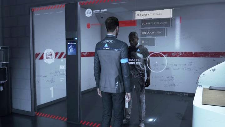 Jeśli przesłuchiwałeś defekta w scenie Przesłuchanie i trafił za kratki, znajdziesz go teraz na tyłach komisariatu - Czekając na Hanka | Connor | Solucja Detroit Become Human - Detroit Become Human - poradnik do gry