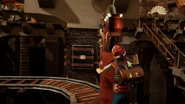 Musisz wejść na magnes, stojący na torach, i odepchnąć znajdujący się przed nim filar - Rozwiązanie zagadek z lokacji 1. | Opis przejścia | The Watchmaker - The Watchmaker - poradnik do gry