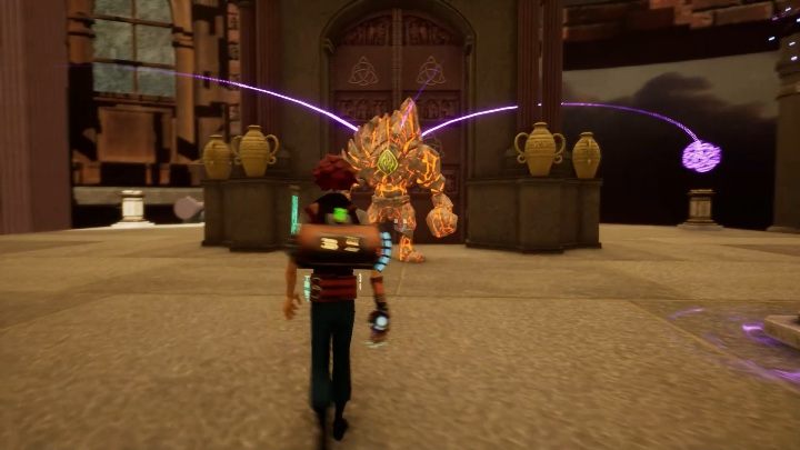 Przed budynkiem z portalem zobaczysz wielkiego przeciwnika, aby się go pozbyć musisz nakierować go na monolity świecące na fioletowo - Opis przejścia lokacji 2. | The Watchmaker - The Watchmaker - poradnik do gry