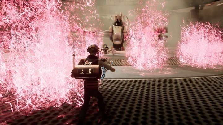 Robot potrafi odpychać cię, strzelać laserem, podpalać podłogę oraz zatruwać pomieszczenie - Walki z bossami | Porady na start | The Watchmaker - The Watchmaker - poradnik do gry