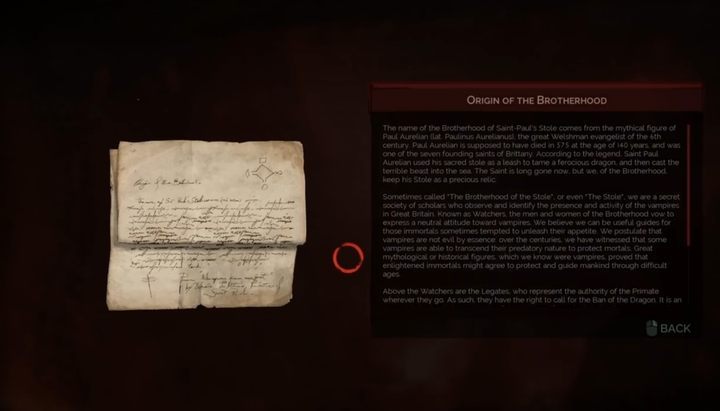 W prawym górnym rogu listu znajdziesz symbol. To rozwiązanie zagadki, które przedstawia rozmieszczenie poszczególnych symboli, na płytach niedaleko Ushera. - Vampyr: Legendarna broń (True Dragonbane) - jak zdobyć? - Vampyr - poradnik do gry