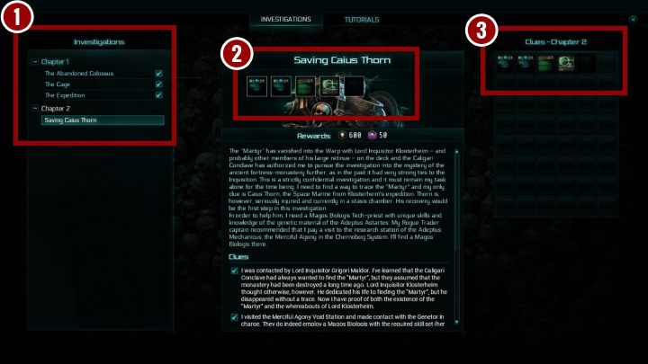Postępy w śledztwie możesz na bieżąco śledzić na panelu Śledztwa - Śledztwa | Warhammer 40,000: Inquisitor - Martyr - Warhammer 40,000: Inquisitor - Martyr - poradnik do gry