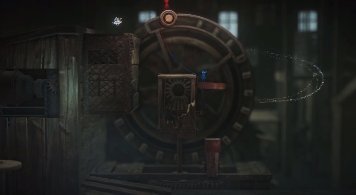 Dzięki temu twoja czerwona postać podleci do góry i będziesz mógł wskoczyć na kolejną część maszyny - Jak przejść przez turbinę na poziomie At the Rapids w Unravel 2? - Unravel 2 - poradnik do gry