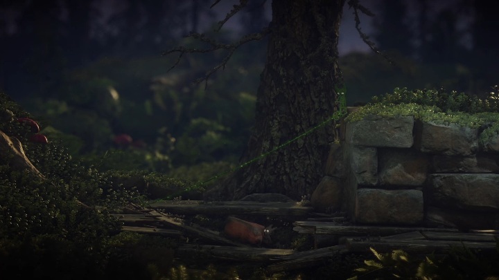 Wystarczy, że przywiążesz jeden kawałek włóczki do punktu na podłodze, a drugi do punktu na skale - Poziom 4 - Nightswimming, solucja Unravel 2 - Unravel 2 - poradnik do gry