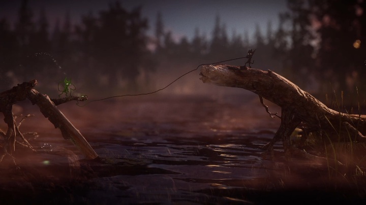 Tam spuść go, rozbujaj i przeskocz nim na drugą gałąź - Poziom 4 - Nightswimming, solucja Unravel 2 - Unravel 2 - poradnik do gry