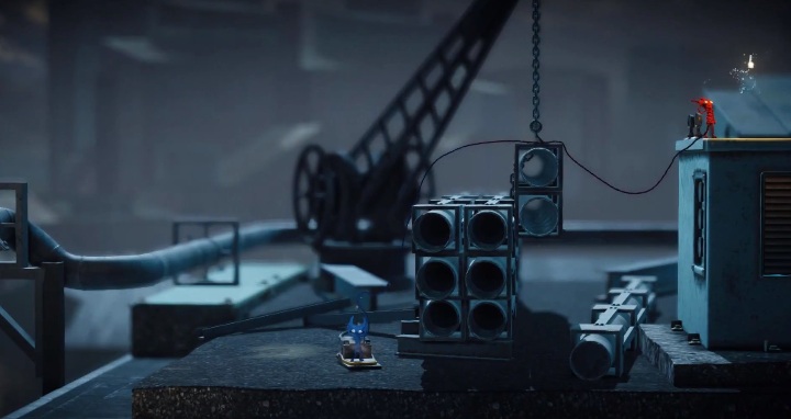 Potem zeskoczą tą postacią na przycisk, a drugą postać wyślij na dach budynku - Poziom 5 - Is That All There, solucja Unravel 2 - Unravel 2 - poradnik do gry