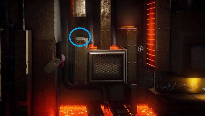 Aby przejść przez gorący teren bez obrażeń musisz zsunąć swoją postać po ścianie i wskoczyć na przycisk - Poziom 5 - Is That All There, solucja Unravel 2 - Unravel 2 - poradnik do gry