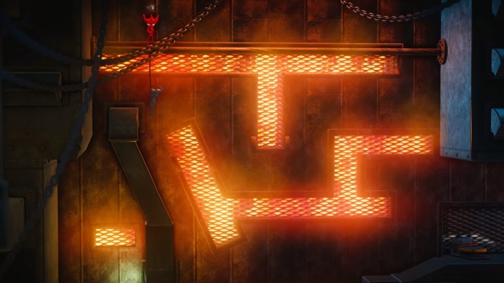 Na sam koniec wystarczy już, że przeciągniesz czerwonego do samego końca planszy i rozluźnisz włóczkę tak, aby spadł na sam dół - Poziom 5 - Is That All There, solucja Unravel 2 - Unravel 2 - poradnik do gry