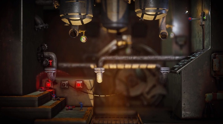 Drugą postacią wskocz na znajdujący się obok przyciski, a potem pierwszą wskocz na rury - Poziom 5 - Is That All There, solucja Unravel 2 - Unravel 2 - poradnik do gry