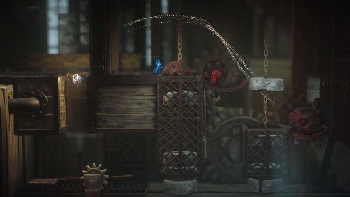 Potem wskocz na górę i przesuń zębatkę w wolne miejsce - Poziom 7 - At the Rapids, solucja Unravel 2 - Unravel 2 - poradnik do gry