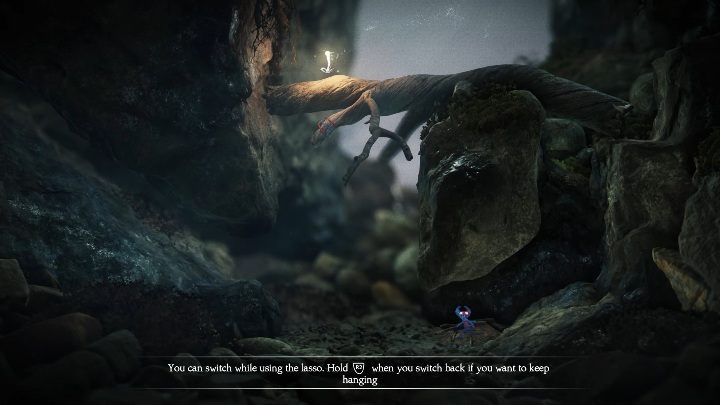 Zaraz po wyjściu z jaskini trafisz na przeszkodę - Poziom 1 - Foreign Shore | Solucja - Unravel 2 - poradnik do gry