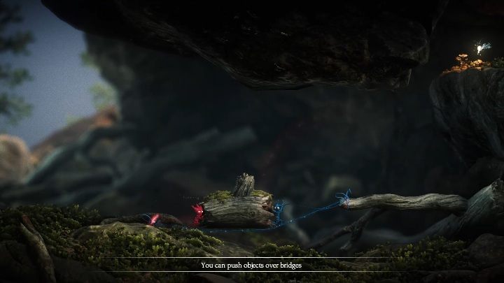 Podążając dalej trafisz na kawałek gałęzi, musisz przesunąć ją dalej, aby wskoczyć na skałę - Poziom 1 - Foreign Shore | Solucja - Unravel 2 - poradnik do gry