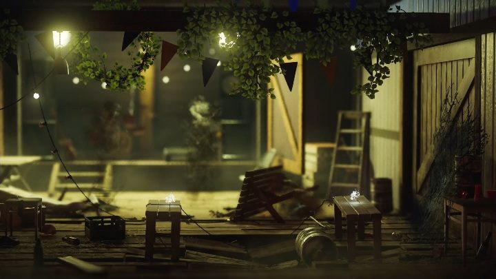 Później zeskocz nim z drugiej strony ławy i przepchaj beczkę na drugą stronę - Poziom 3 - Little Frogs | Solucja - Unravel 2 - poradnik do gry