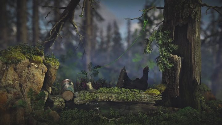 Aby przejść dalej musisz zawisnąć jedną z postaci na gałęzi, a drugą z nich rozhuśtać i wskoczyć nią na skałę - Poziom 3 - Little Frogs | Solucja - Unravel 2 - poradnik do gry