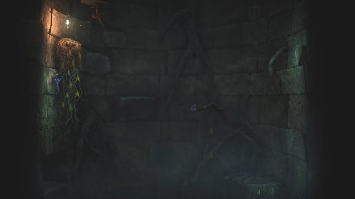 Podskocz, odbij się od ściany i zahacz włóczkę o punkt - Jak wydostać się ze studni w Foreign Shore w Unravel 2? - Unravel 2 - poradnik do gry