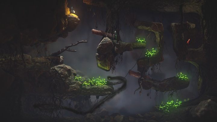 Za pomocą niebieskiej postaci popchnij wystającą tam deseczkę i przełącz się na czerwonego bohatera - Jak wyjść z jaskini na poziomie Little Frogs w Unravel 2? - Unravel 2 - poradnik do gry
