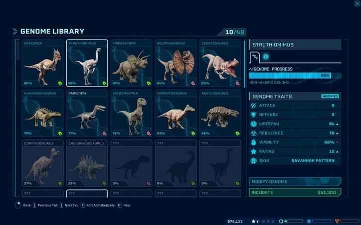 Wchodząc do Hammond Lab (miejsca, gdzie tworzysz dinozaury), masz do wyboru listę dinozaurów do stworzenia - Modyfikowanie genomu w Jurassic World Evolution - Jurassic World Evolution - poradnik do gry