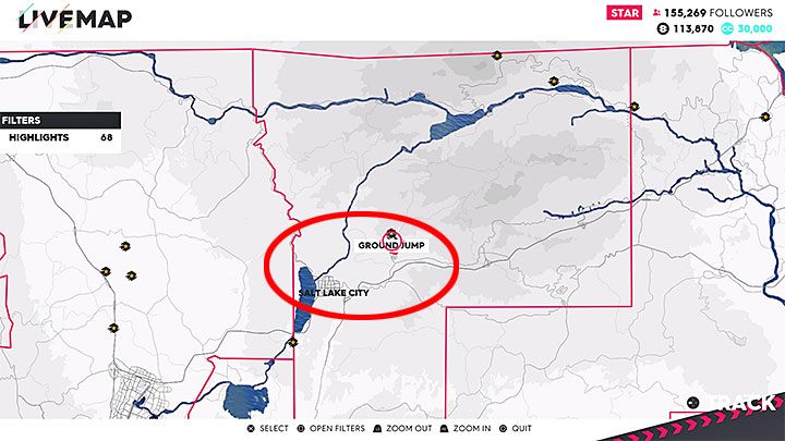 Zainteresuj się północną częścią mapy, a konkretnie pokazanymi na powyższym obrazku okolicami miasta Salt Lake City - Skok wiary - i to bez siana (Leap of Faith, No Straw) | Trofea w The Crew 2 - The Crew 2 - poradnik do gry