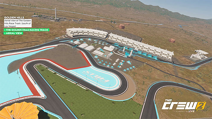 Opis: Widok z powietrza na tor Golden Hills (na południe od Las Vegas) - Album - Pro Racing | Zadań fotograficznych w The Crew 2 - The Crew 2 - poradnik do gry