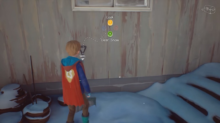 Przed domem możesz również zebrać śnieg ze schodów, wystarczy, że chwycisz za łopatę, a Chris szybko oczyści schody - Na zewnątrz domu | Solucja do Awesome Adventures od Captain Spirit - The Awesome Adventures of Captain Spirit - poradnik do gry