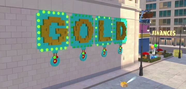 Jeden ze złotych klocków pojawi się, gdy aktywujesz przełączniki na ścianie - Centrum Miasta | Wyzwania, sekrety i złote klocki w grze LEGO Iniemamocni - LEGO Iniemamocni - poradnik do gry