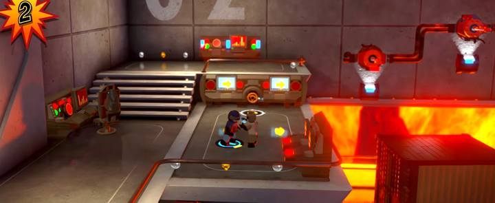 Użyj zaworu w głównym terminalu, by zmienić kierunek poruszania się taśmy - Poziom 10 - Powrót na Wyspę Nomanisan | Opis przejścia LEGO Iniemamocni - LEGO Iniemamocni - poradnik do gry