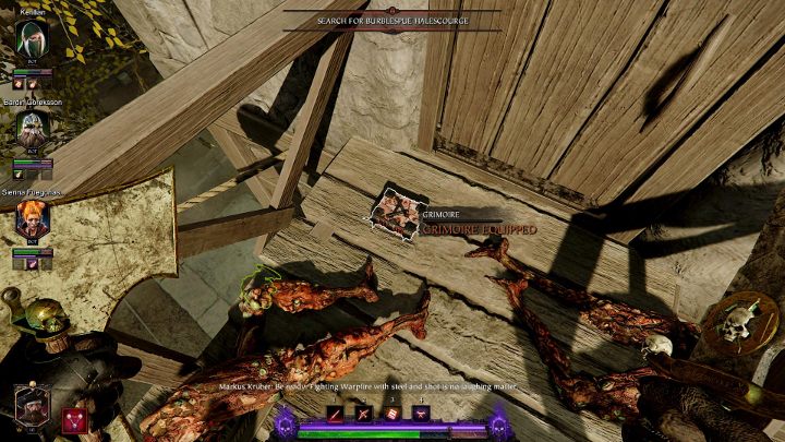 Drabina spadnie na dół, a ty dzięki niej możesz wejść na platformę i zebrać ostatni grymuar - Grymuary w akcie I gry Warhammer Vermintide 2 - Warhammer Vermintide 2 - poradnik do gry