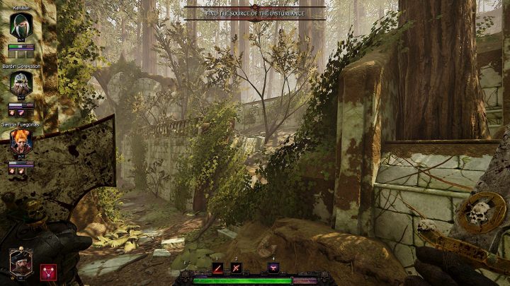 Wróć do miejsca, w którym wchodziłeś na mur z pierwszym przyciskiem i udaj się prosto, aż trafisz na zarośnięte przejście widoczne na obrazku - Grymuary w akcie II gry Warhammer Vermintide 2 - Warhammer Vermintide 2 - poradnik do gry