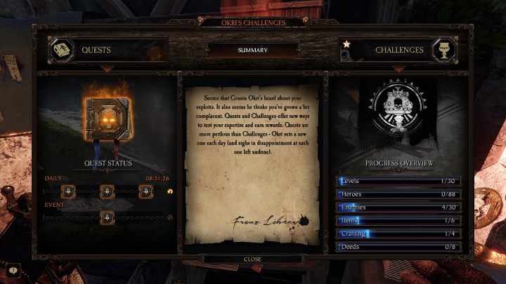 Wyzwania Okriego możesz otworzyć w centralnej części twierdzy - ujrzysz powyższe menu - Wyzwania Okriego w Warhammer Vermintide 2 - Warhammer Vermintide 2 - poradnik do gry