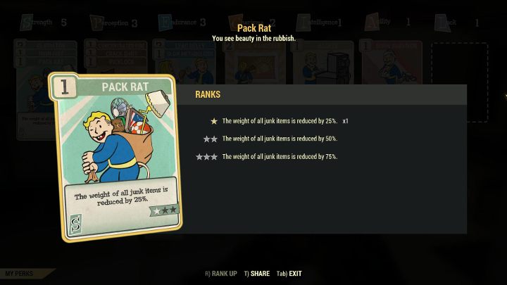 Perk Pack Rat zmniejsza wagę śmieci w twoim ekwipunku. - Jak zwiększyć udźwig postaci w Fallout 76? - Fallout 76 - poradnik do gry