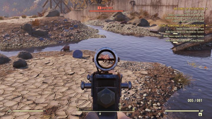 Próbka krwi kretoszczura (Mole Rat) jest najłatwiejsze do zdobycia - kretoszczury są bardzo słabe i znajduje się niedaleko Centrum Medycznego - Uncja prewencji - Solucja do Fallout 76 - Fallout 76 - poradnik do gry