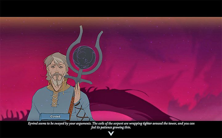 Pierwsza rozmowa (z Juno i Eyvindem) załączy się jeszcze przed wdrapaniem się na sam szczyt Białej Wieży, przy czym nie wybiera się w niej żadnych opcji dialogowych - Rozdział 22 - Zakończenia | Opis przejścia gry The Banner Saga 3 - The Banner Saga 3 - poradnik do gry