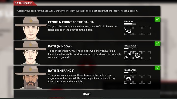 Menu przypisywani policjantów do określonych policji - Misja taktyczne w grze This is the Police 2 cd. - This is the Police 2 - poradnik do gry