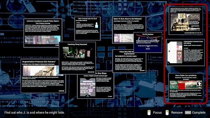 Trzy prawidłowo wytypowane wycinki to dwa dotyczące niejakiego Jeffa Kosowskiego - na obu jest identyczne logo (Kurtz Holographic Scanning) jak na wizytówce znalezionej w odkurzaczu, oraz jeden dotyczący coraz większej liczby wypadków samochodowych - na nim z kolei znajdziesz symbol i nazwę ugrupowa - Poniedziałek, 13 stycznia 2048 roku, Berlin, West Plaza; The Voice - State of Mind - poradnik do gry
