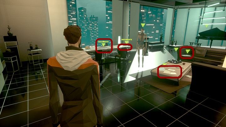 Znalazłszy się w mieszkaniu, przyjrzyj się rozłożonym w salonie dokumentom - na stole (w dwóch miejscach), na stoliku do kawy i na kanapie (do ekwipunku trafią notatki na temat grupy Breakpoint, a w zasadzie plan okolicy klubu Doomsday) - Wtorek, 14 stycznia 2048 roku, Berlin, apartament Richarda Nolana, cz. 2 - State of Mind - poradnik do gry