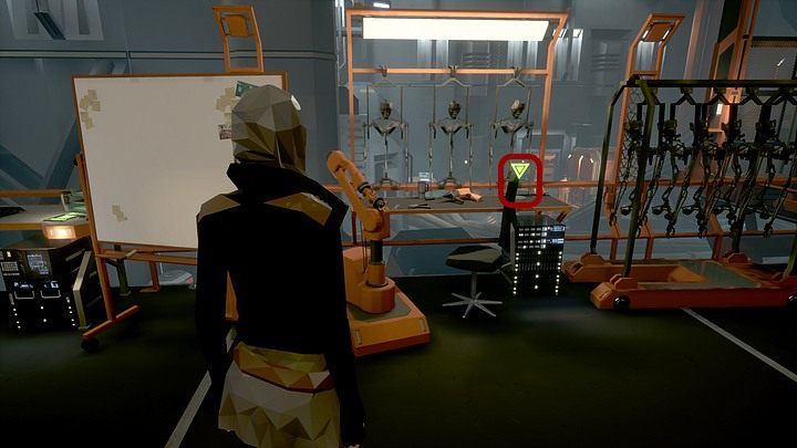 Kontynuuj obchodzenie pomieszczenia dookoła i z kolejnego stanowiska pracy (za tablicą z karteczkami samoprzylepnymi) zwiń taśmę klejącą - Czwartek, Montauk, Long Island, Robotics Lab | State of Mind - State of Mind - poradnik do gry