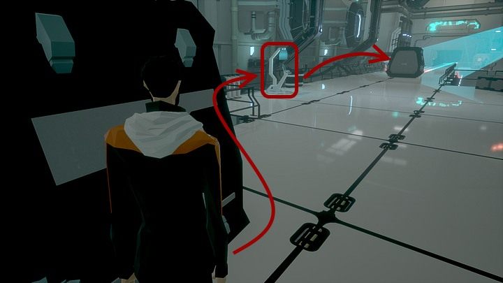 Gdy to nastąpi i przestrzeń przed bohaterem będzie czysta, idź przed siebie - przy kolejnej barierce po lewej zatrzymaj się w bezpiecznym miejscu (stoi tam następny, tyle że nieaktywny, terminal - stań z jego lewej strony) i zaczekaj na moment, aż strumień światła drugiej kamery zacznie się oddala - Czwartek, 16 stycznia 2048 roku, Montauk, Long Island, Storage Section - State of Mind - poradnik do gry