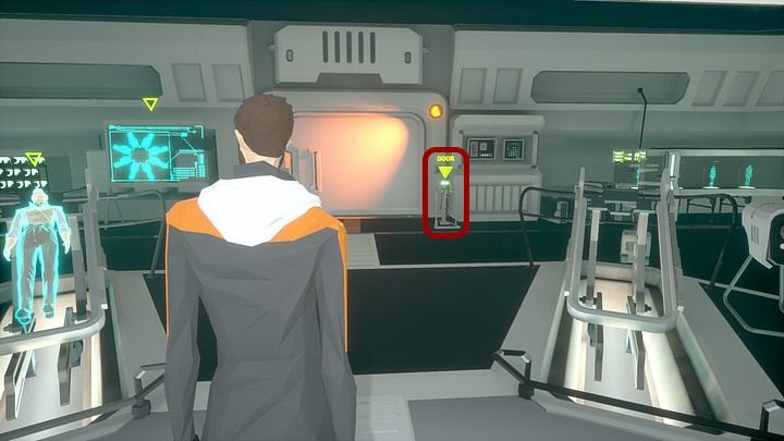Teraz podejdź do kolejnych drzwi prowadzących do bocznej salki (omiata je cały czas strumień pomarańczowego światła) i otwórz je, korzystając ze znajdującej się z ich prawej strony konsoli - Czwartek, 16 stycznia 2048 roku, Montauk, Long Island, Virtual Reality Lab - State of Mind - poradnik do gry