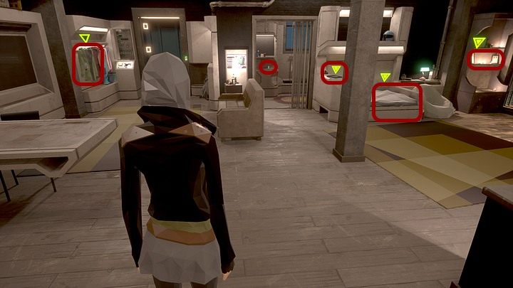 Idąc od drzwi, zainteresuj się zatem: zielonkawą kurtką na wieszaku w przedpokoju, lekarstwem na umywalce w łazience (które zażyj), fotografią chłopaka leżącą na łóżku, łóżkiem i fotografiami rodziców stojącymi na regale przy łóżku - Piątek, 29 stycznia 2044 roku, New York City, Queens, apartament Angeli Davis - State of Mind - poradnik do gry