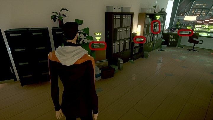 Żeby się czegoś dowiedzieć, wchodź w interakcje z kolejnymi dokumentami i obiektami w pomieszczeniu, idąc od lewej, są to: akta na półkach pomiędzy regałami (2x), notatki przyczepione do drugiego regału, akta leżące na biurku, pod którym siedzi Walter, notatki na fotelu, globus oraz karteczki samopr - Wtorek, 14 stycznia 2048 roku, West Plaza, apartament Richarda Nolana; The Voice - State of Mind - poradnik do gry