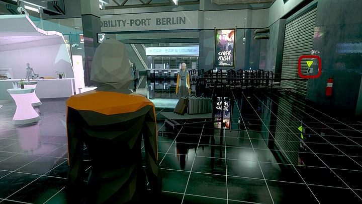 Idź przed siebie, miń (po lewej) bladoróżowy podest z eksponowanym na nim motocyklem i zauważ kolejną skrzynkę rozdzielczą po prawej (przy opuszczonych rolowanych drzwiach) - Środa, Berlin, Sektor 12, Port Komunikacyjny | State of Mind - State of Mind - poradnik do gry